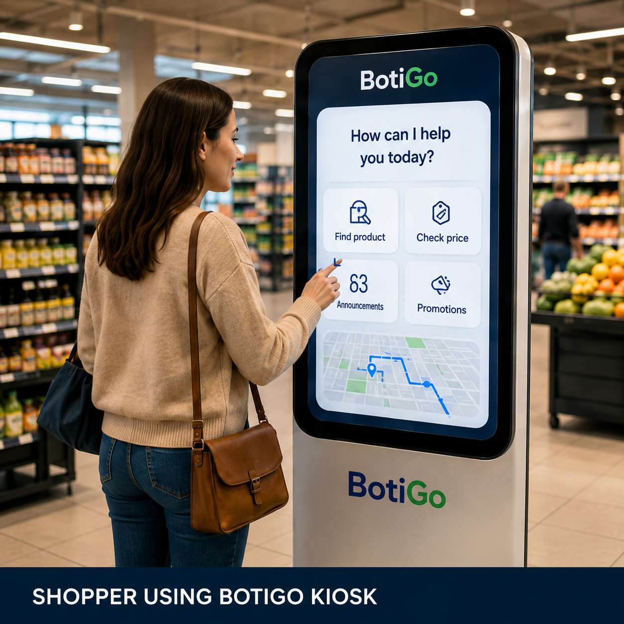 Shopper using BotiGo kiosk in supermarket